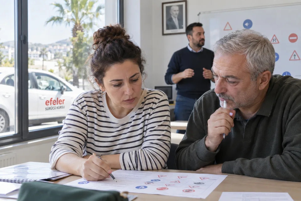 Sınıfta çalışma kâğıtlarını birlikte inceleyen yetişkin adaylar