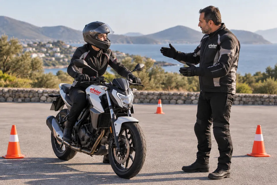 Kapalı eğitim alanında motosiklet kontrolünü öğrenen aday